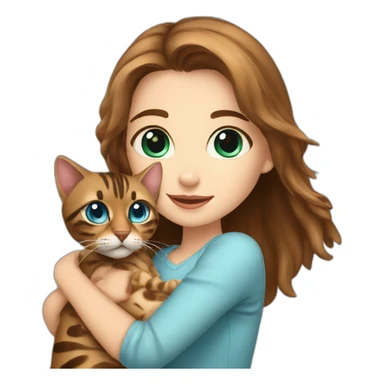 a beautiful girl with brown hair and blue eyes holds a Bengal cat in her arms sticker