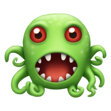 A stuffed animal of a green creature with red around his eyes and tentacles for a mouth sticker