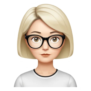 white woman about 50 years old with light warm skin, short black bob haircut to neck with slight waves at ends, neutral determined expression, large black shiny butterfly or cat-eye glasses, white casual t-shirt, calm and creative energy sticker