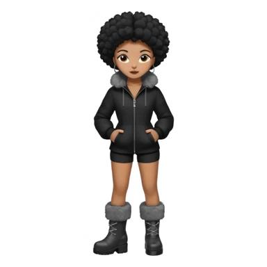 A brown skin girl that has a slim and thick body with black hair into two Afro puffs   and wears all black outfit with grey furry boots  sticker