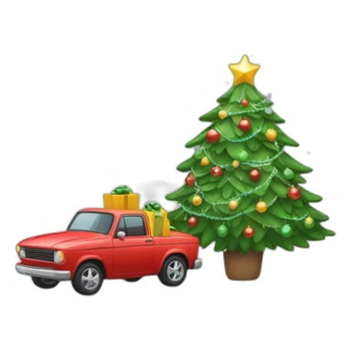 un emoji avec un sapin de noel et au pied un cadeau avec une voiture sticker