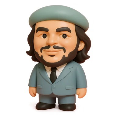 Che Guevara in a suit and tie, oversized head, confident smile, vinyl figure style sticker