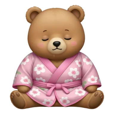 A cute chubby light-brown bear wearing a pastel pink sakura-patterned kimono, tiny body and big round head, adorable simple face, sleepy half-closed eyes, small blush on cheeks, sitting while dozing off, tiny “zzz” floating above the head sticker