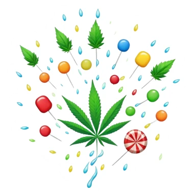 colorful candy raining down with green cannabis leaf in the center sticker