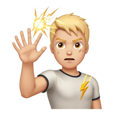 person aiming open palm hand at viewer, hand takes up most of the image, wrathful destructive facial expression, lightning blasts in background sticker