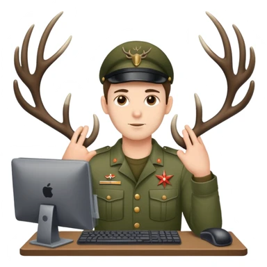 Guy works at computer with deers antlers, military clothes  sticker