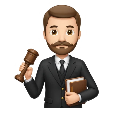 “Create a clean, modern emoji-style illustration of a male lawyer. He is wearing a formal suit jacket. He is holding a judge’s gavel in one hand and has a law book tucked under his arm. He has a mustache and beard! sticker