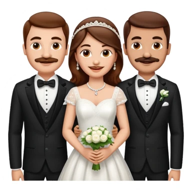 White skin brown hair Bride and 2 grooms. 1 Indian groom and one white groom with a moustache sticker
