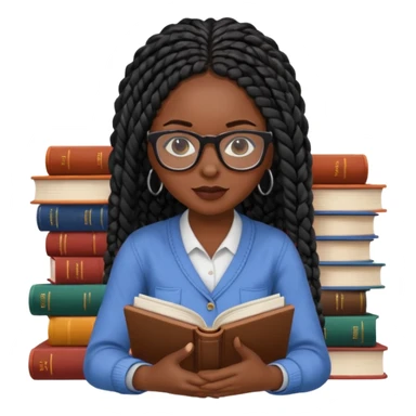 A dark-skinned Black woman with black box braids, wearing glasses, reading a textbook with a stack of books beside her. sticker