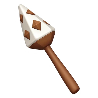 White rattle with triangles drawn on it in brown but filled in white sticker