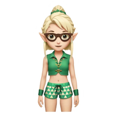 elf female legolas portrait, patterned board shorts (geometric/abstract), unique wooden-framed sunglasses, undercut hairstyle, slight smirk, visible pointy ears, no background, centered emoji, hipster summer vibe coctails sticker