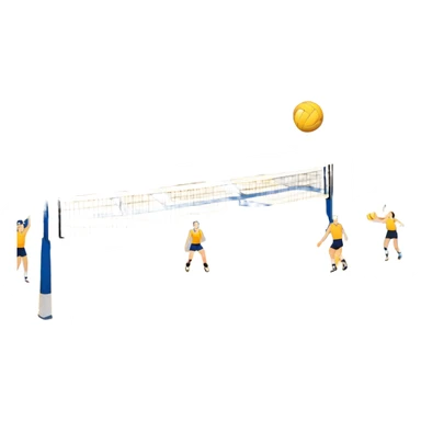 A close-up of a volleyball on the court, with the net in focus and the court markings visible. The background shows the stands filled with spectators, creating an energetic atmosphere of a volleyball match, with attention to detail on the equipment and the surrounding environment. sticker