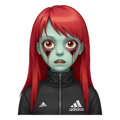 Crie um emoji de uma menina zumbi  com o cabelo vermelho longo com uma franja reta casaco de gola alta da adidas sticker
