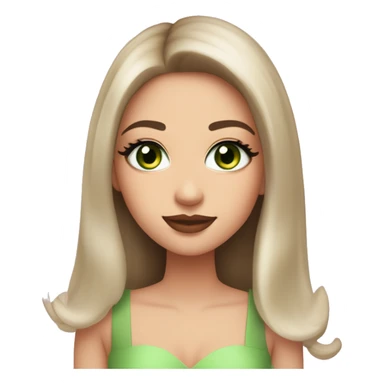 beautiful girl with high cheek bones orange blush, long straight shiny dark brown hair, big green eyes and big pale pink lips. Long thick eyelashes. Wearing a cream bustier.  She is smiling sticker