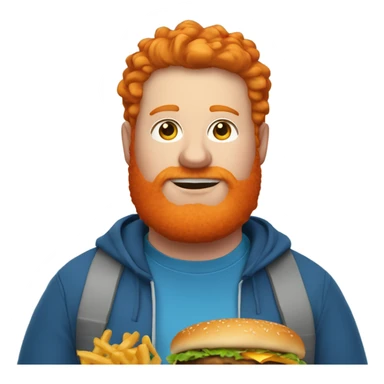 Fat ginger guy in a blue hoodie with orange hair and an orange beard with a cheeseburger sticker
