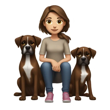 a girl with brown hair, sitting with two dark brown, boxer dogs sticker