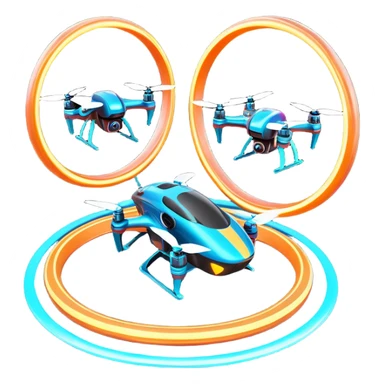 An icon featuring two racing drones flying at high speed through glowing rings on an obstacle course. Motion blur and a dynamic aerial path show intense competition. A controller appears in the corner. Transparent background highlights the thrill and precision of drone racing. sticker
