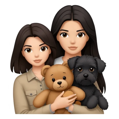Kendall Jenner with long dark hair, holds a brown teddy bear and a black schnauzer sticker