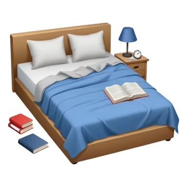 messy bed with a wrinkled blanket, the pillow out of place on the floor. Around the bed, scattered items include a t-shirt, pants, and an open book on the floor. sticker