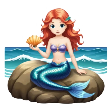 me as a mermaid with a junonia shell in my hand on a rock with ocean waves around  sticker