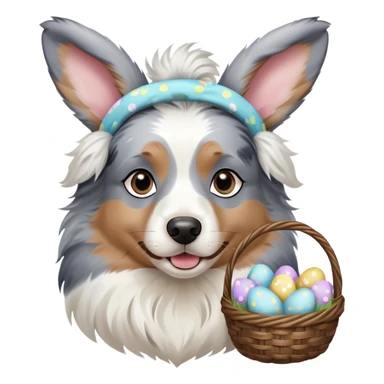 Blue merel Australian Shepherd with Easter bunny headbands and is holding an Easter egg basket sticker