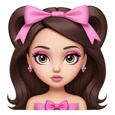 pretty bratz baddie, long hair brunette baddie with eyeliner and brown eyes and small pink bow sticker