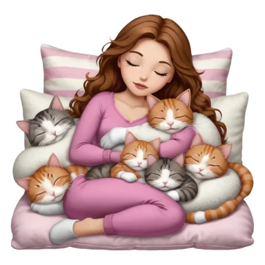 girl with long wavy brown hair, brown eyes, long lashes makeup, sexy pink lips, light to medium complexion,  sleeping on a cozy pillow, with 6 cats: 1 brown and white tabby cat, 1 ginger and white, 2 grey and white, 1 grey with white mittens and small white patch on chest and 1 calico, sleeping sticker