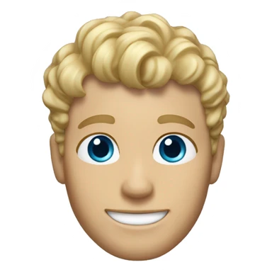 memoji of a blonde man with curly, messy bangs and short hair on the sides, smiling and without glasses, with blue eyes, without a mustache. sticker