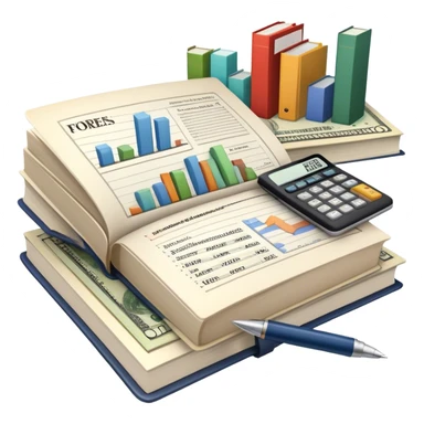 Icon for Business Reading: an open book with graphs, numbers, percentages, formulas, and text on the pages, next to a stack of books, a pile of dollars, a calculator, a pen, and business magazines like Forbes. Transparent background. sticker
