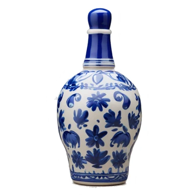 The Clase Azul Tequila bottle is a tall, hand-painted ceramic piece in white with cobalt blue floral designs, topped by a distinctive blue, bell-shaped stopper. sticker