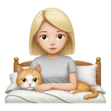 They recreate a photo of a blonde girl with light brown eyes, lying in bed sick with the flu, with her cat nearby. sticker