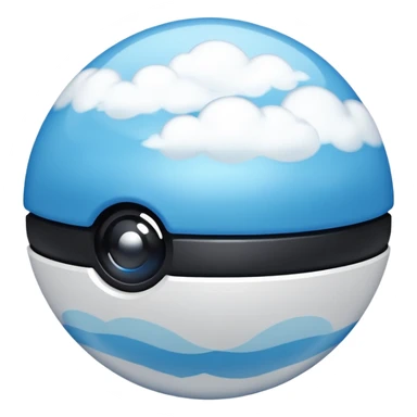 blue pokeball emoji, top half is a more saturated blue, bottom half is white, black stripe, with a white sheen, with a pearlescent finish, with a cloud effect sticker