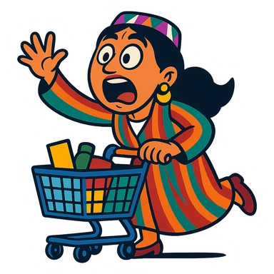 cartoonish Uzbek woman with a shopping cart, exaggerated emotions sticker