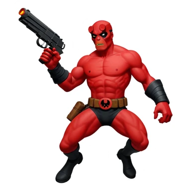 cinematic realistic superhero Hellboy by Mike Mignola jumps and shoots sticker