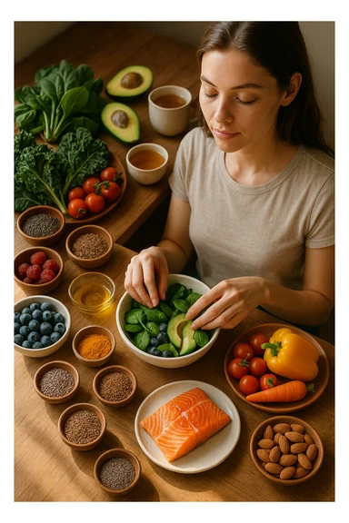 A realistic, cinematic flat-lay image of a clean wooden kitchen table filled with fresh, colorful whole foods known to help reduce androgen excess naturally. The table includes leafy greens like spinach and kale, avocados, berries, colorful vegetables, nuts, seeds (chia and flaxseeds), wild-caught salmon, and herbal teas, carefully arranged in an aesthetically pleasing, organized manner. A small glass bowl with olive oil and another with turmeric powder are included, emphasizing anti-inflammatory properties. In the scene, a young woman with clear, healthy skin and a calm expression is preparing a bowl with these ingredients, symbolizing a hormone-balancing diet. Warm, natural daylight streams in, creating a cozy and inviting atmosphere. The style is hyper-realistic 35mm photography, with vibrant yet soft colors, showcasing textures of the fresh produce and the peaceful vibe of using nutrition to support hormonal balance sticker