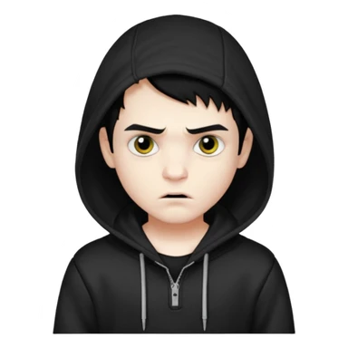 Vampire boy with the short black hair, pale scin, black eyes, little fangs and dark circles under his eyes. He has serious face and he wear a black hoodie sticker