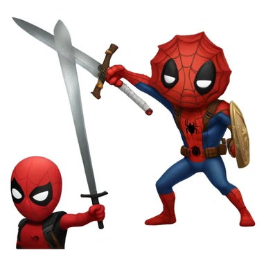Spider-man with a brave sword playing with Deadpool  sticker