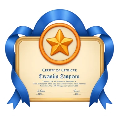 Create a glossy 3D certificate emoji with a cream diploma, rounded corners, a blue ribbon seal, orange tails, and an embossed star. sticker