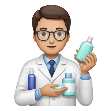man with white coat and glasses holding skincare products sticker