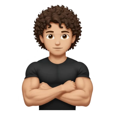 muscular teen boy with veiny hands arms and biceps. has messy brunette curly hair with tan skintone with black tshirt sticker
