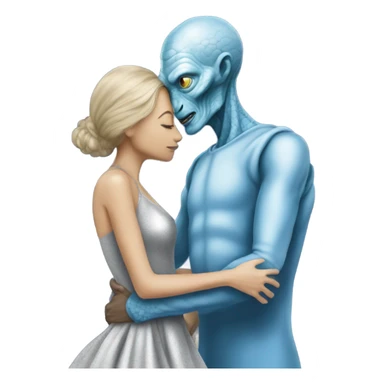 White man in blue dress  hugs and kissing Alien reptilian woman in silver dress  sticker