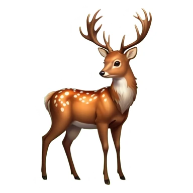 A majestic forest deer with glowing antlers, surrounded by soft green foliage and dappled sunlight, in a magical woodland style. sticker