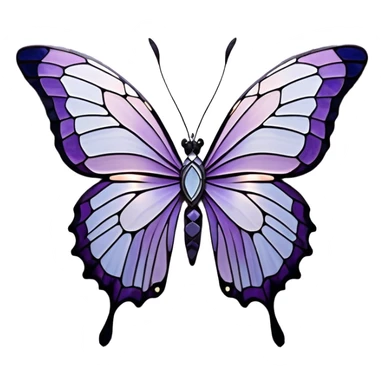 a stunningly detailed butterfly with lilac and ice-purple wings, adorned with an elegant mosaic-like pattern resembling stained glass. The wings should display a harmonious blend of swirling and geometric designs, giving them a mystical and artistic feel. The butterfly should have a graceful, elongated body with a subtle metallic sheen, enhancing its enchanting presence. sticker