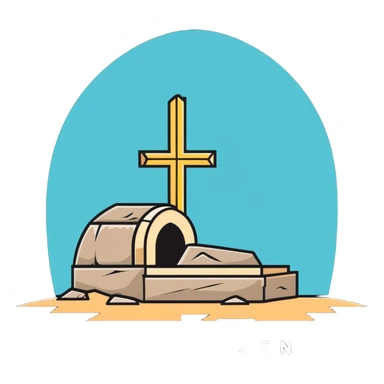 An empty tomb with stone rolled away and "He is risen" text sticker