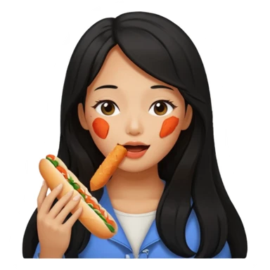 Girl black long hair eat kimchi close eyes baguette sticker