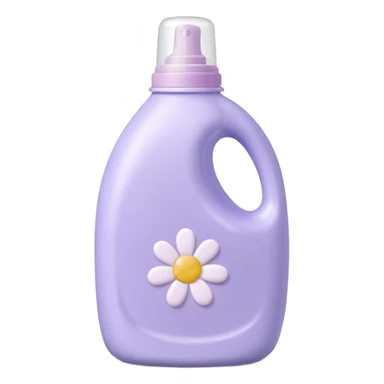 curved plastic fabric softener bottle, pastel lavender, rounded cap, subtle flower or droplet symbol, no text, 3D-rendered, minimal, realistic, soft shadows, natural light, no faces, no fabric, transparent background, emoji scale sticker