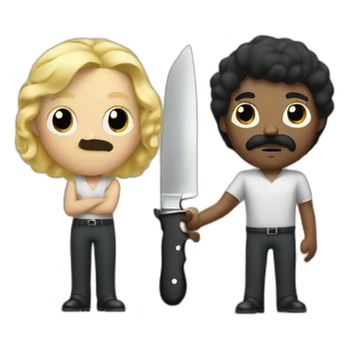 Black hair person with square mustache from 40s holding knife in front of a blond hair man sticker