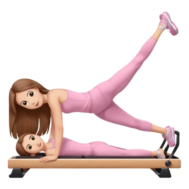 pretty caucasian teen with hazel eyes long brown hair wearing light pink workout clothes doing a plank on a pilates reformer sticker