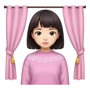 a asian japanese girl with a dark brown bob with curtain bangs, wearing a pastel pink wintery sweater sticker