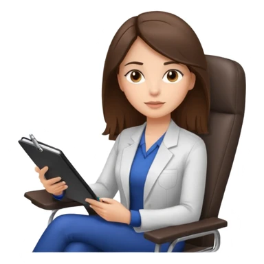 female therapist, brunette, brown eyes, light skin, sitting in a chair with a notepad sticker